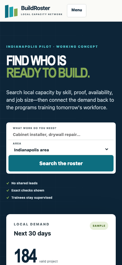 BuildRoster Local fictional-data prototype shown on a phone layout